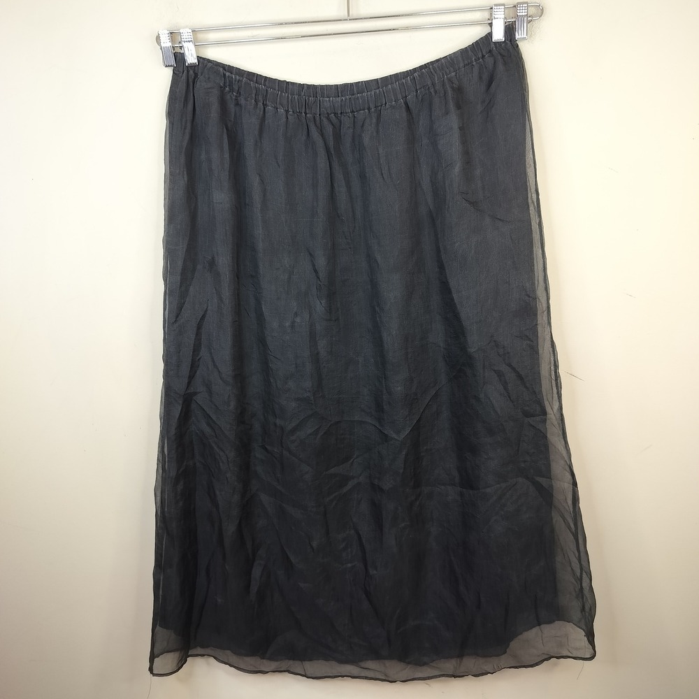 Eileen Fisher Silk Overlay Maxi Skirt 2X Elastic Waist Sheer Minimalist Black